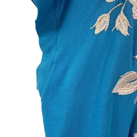 JOHNNY WAS Embroidered T-Shirt Top Floral Snake Design Blue Beige Cotton Tee i13 - Picture 6 of 6